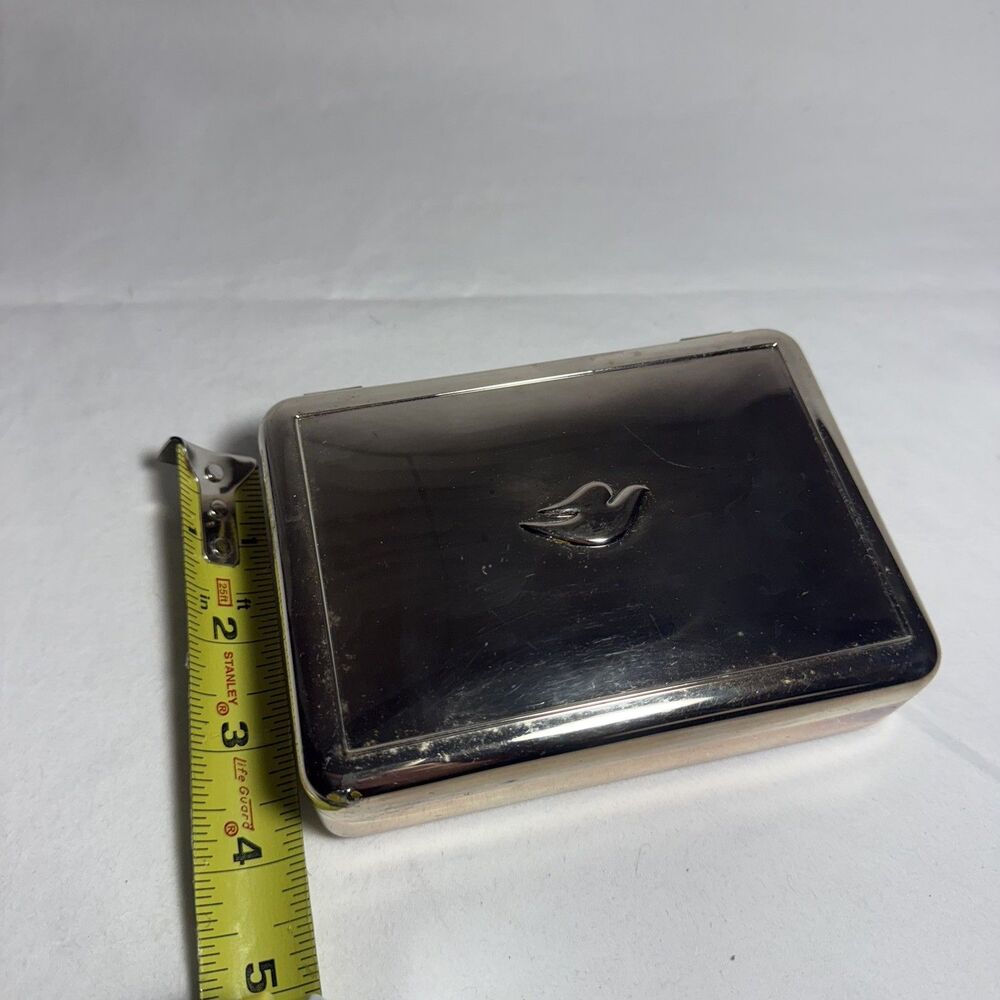 Vintage Promo DOVE 5" SILVERPLATED TRINKET JEWELRY BOX w/Blue Velvet Lining